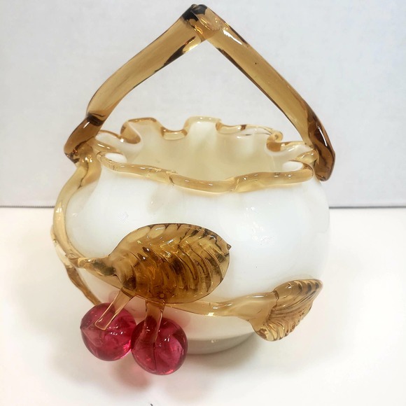 Victorian Custard Glass Cherries Amber Hand Blown Basket Ruffle Handle Glow